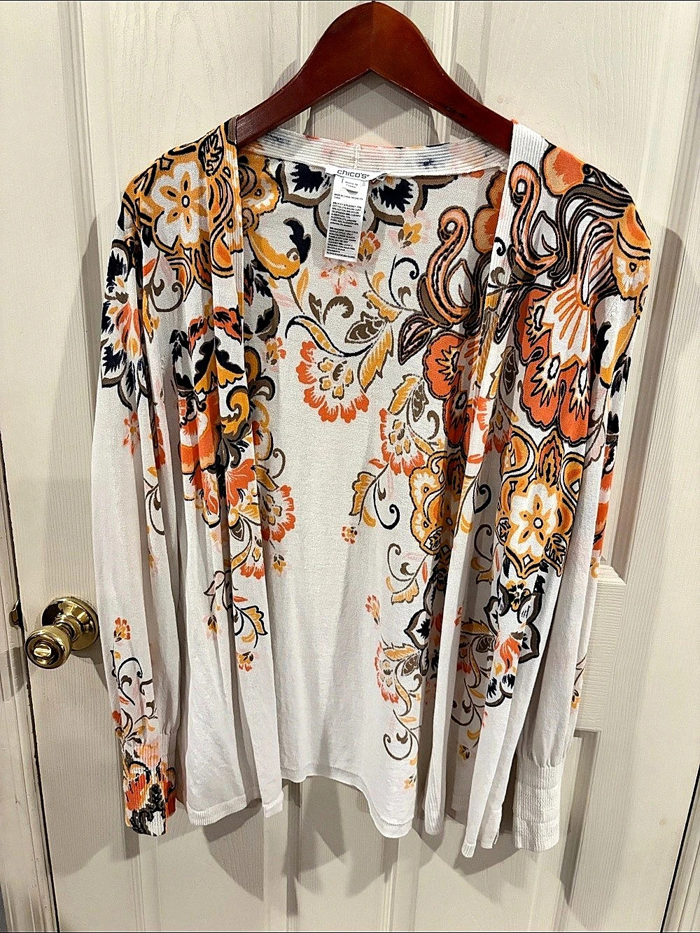 Chico's Floral Long Sleeve Tunic in White & Orange Size Medium